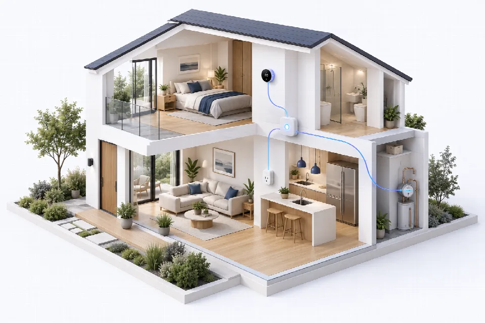 Konzept eines Smart Home mit vernetzten Geräten und zentralem Hub