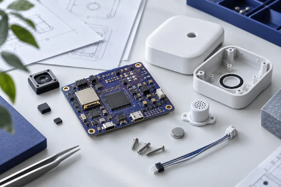 Konzept der IoT-Hardwareentwicklung mit Leiterplatte und Sensorgehäuse